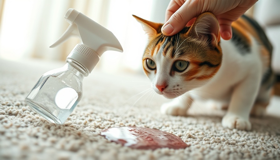 Cat watches pet urine removal on carpet with spray bottle.