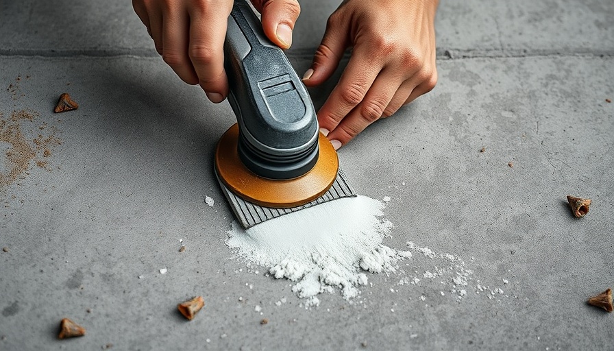 Hands using oscillating tool to remove paint from concrete.