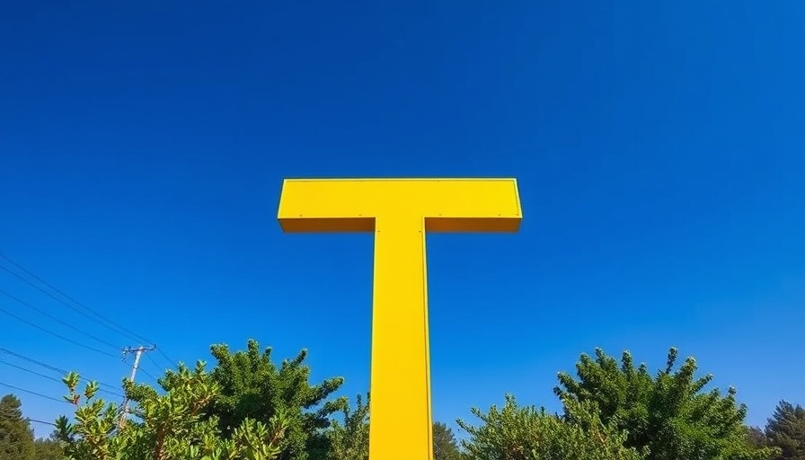 Yellow T-shaped road sign against blue sky with foliage.