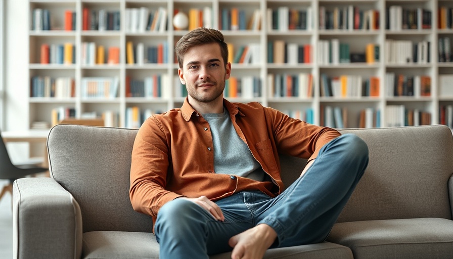 Casual young man in office, Upvest funding setting, on sofa.