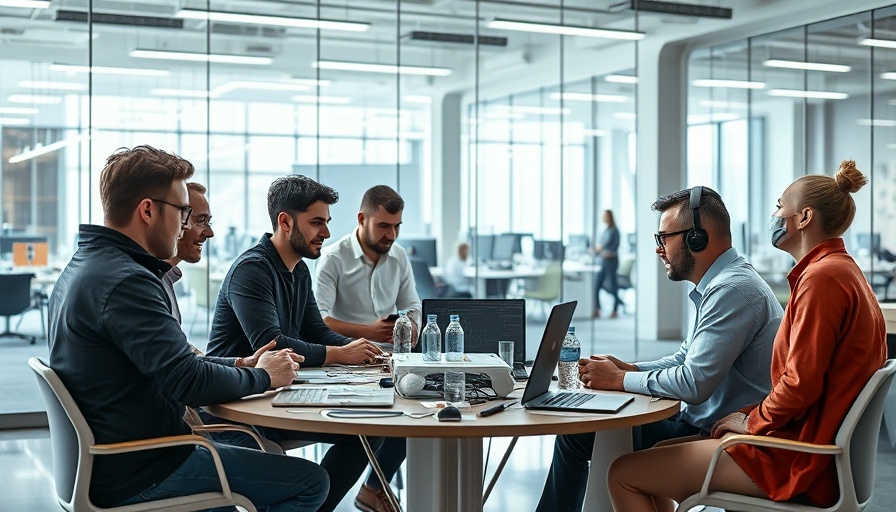 Futuristic startup workspace with creative team brainstorming