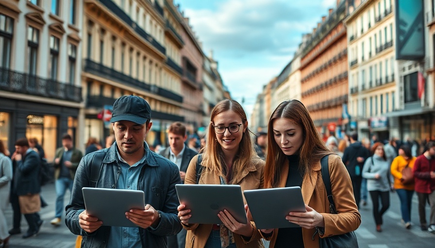 Tech professionals in Europe cityscape working outdoors