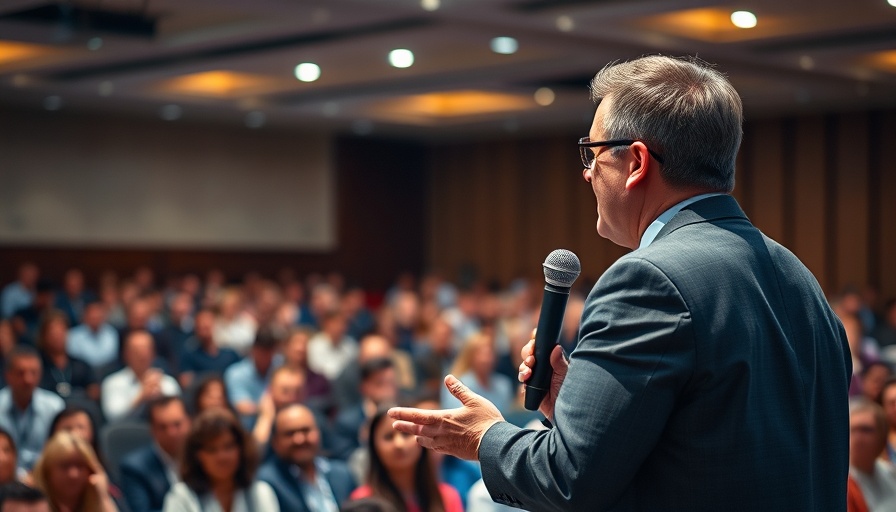 Public speaker delivering motivational speech in conference hall.