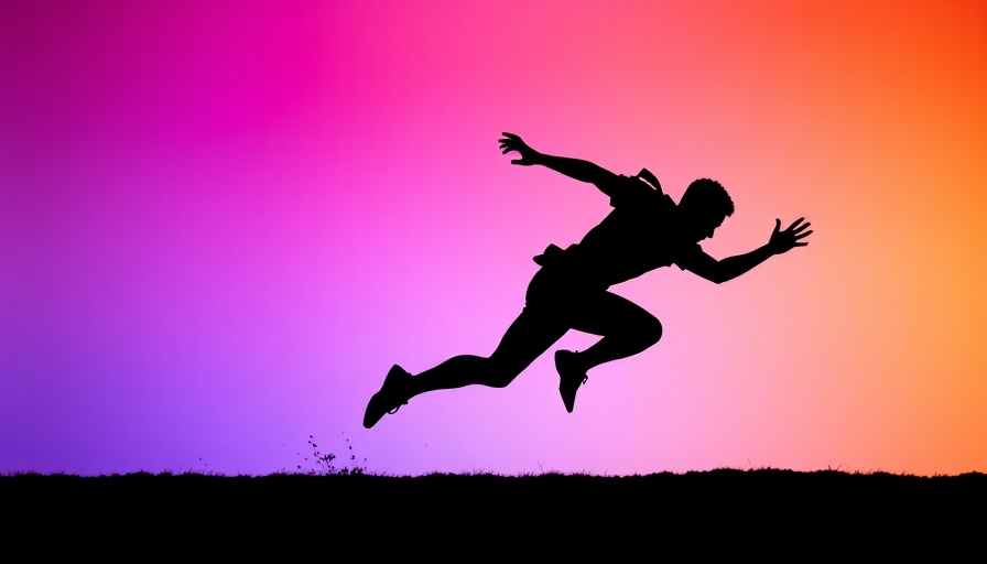 Silhouetted figure leaping forward, dynamic action, vibrant backdrop.