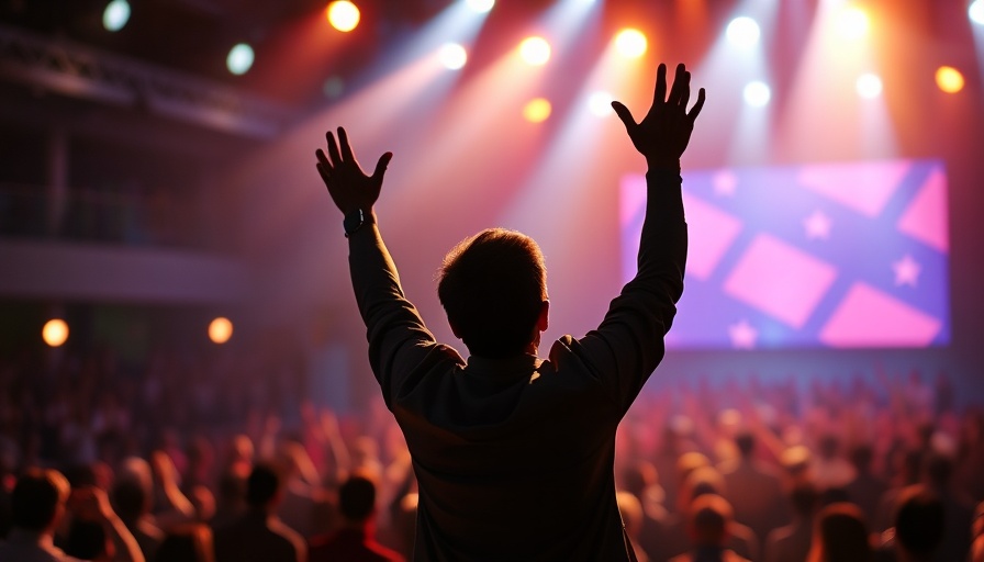 Motivational speech silhouette with raised arms on stage