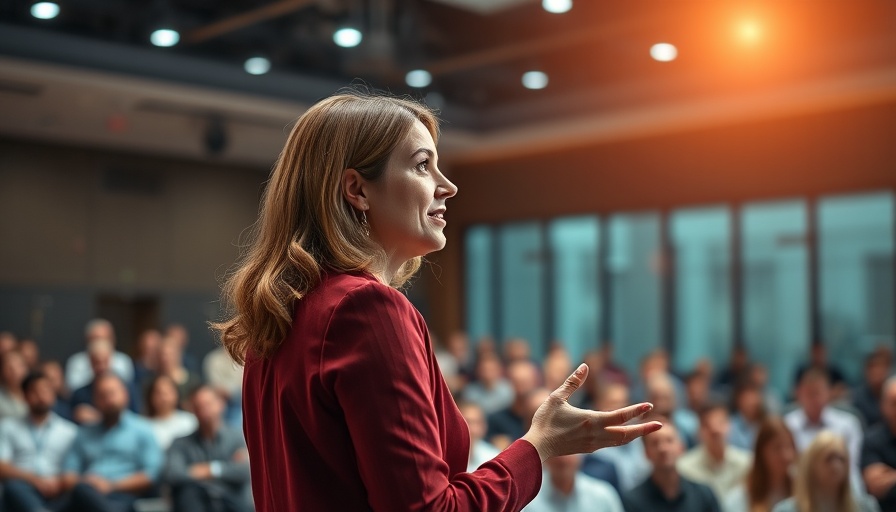 Inspirational female speaker delivering a motivational speech in a conference hall.