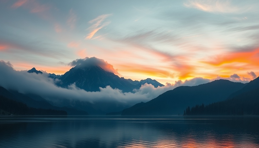 Inspirational mountain sunrise reflecting in lake, life motivation.