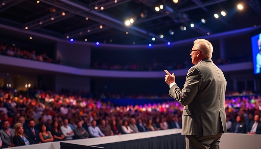 Inspiring speaker delivering a motivational speech in a modern conference hall.