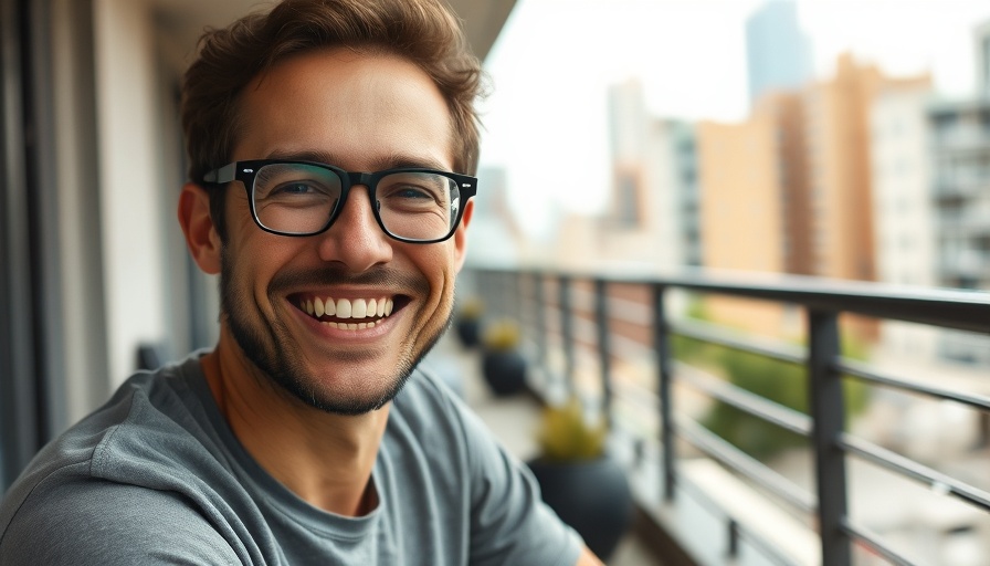 Smiling man outdoors, warm expression on a city balcony, AI updates.