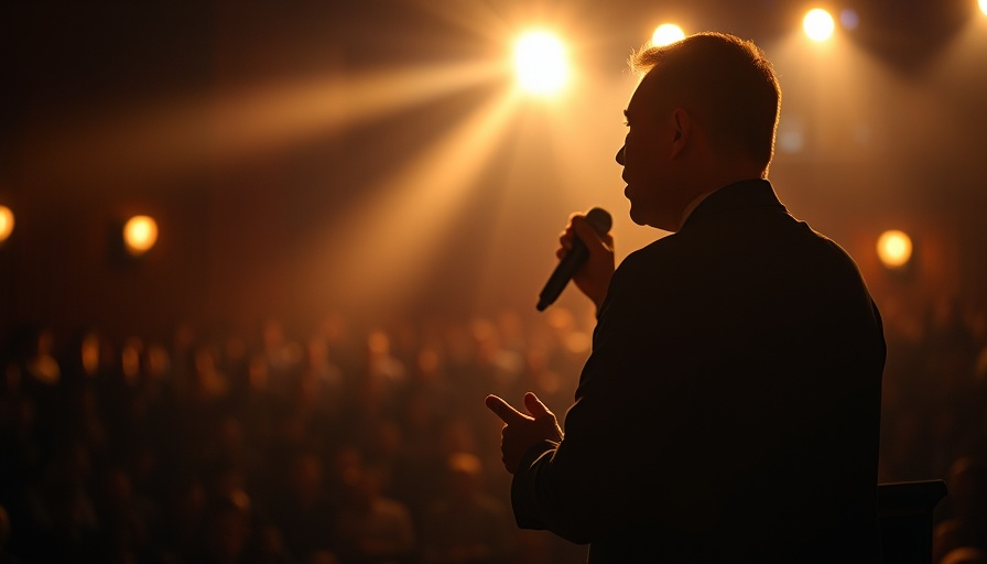 Motivational speaker delivering speech in dimly lit auditorium.