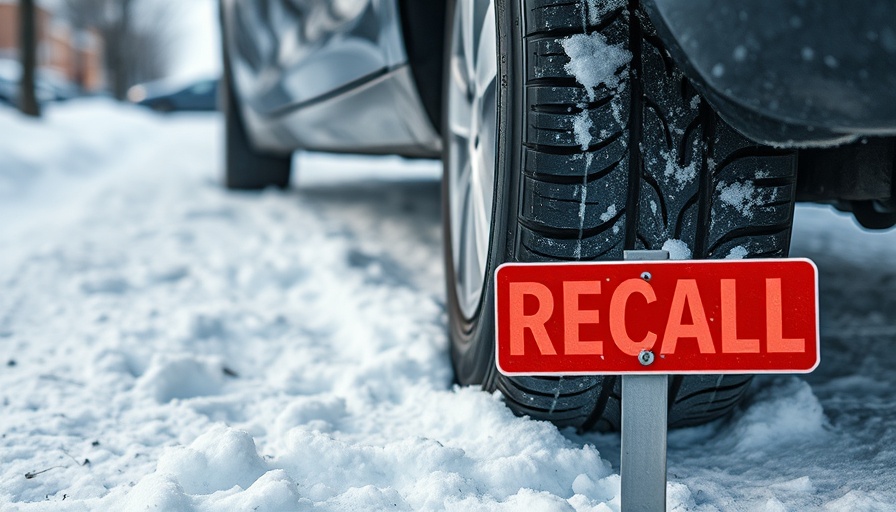 Car tire on snow with tire recall warning sign.