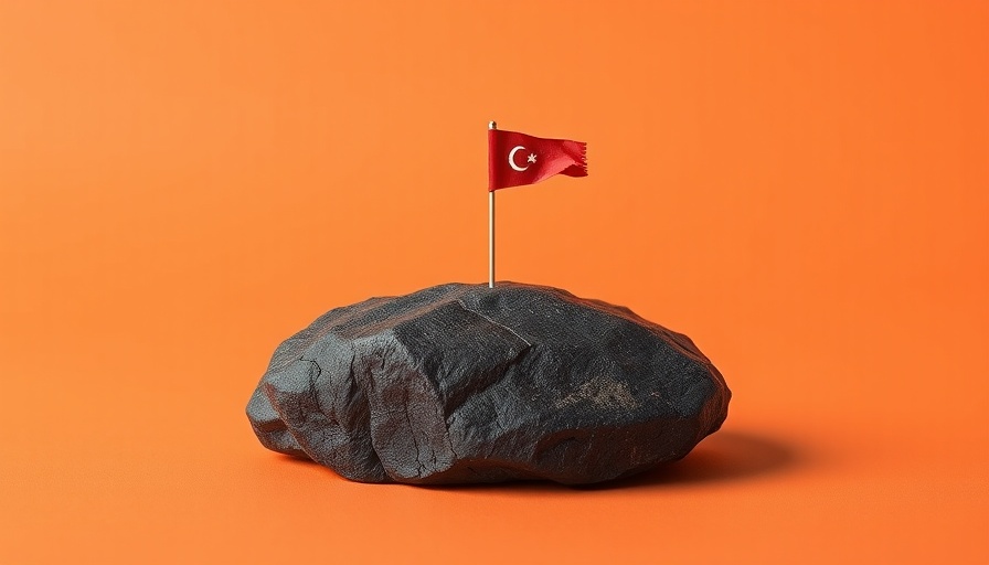 Lonely rock with a red flag on an orange background.