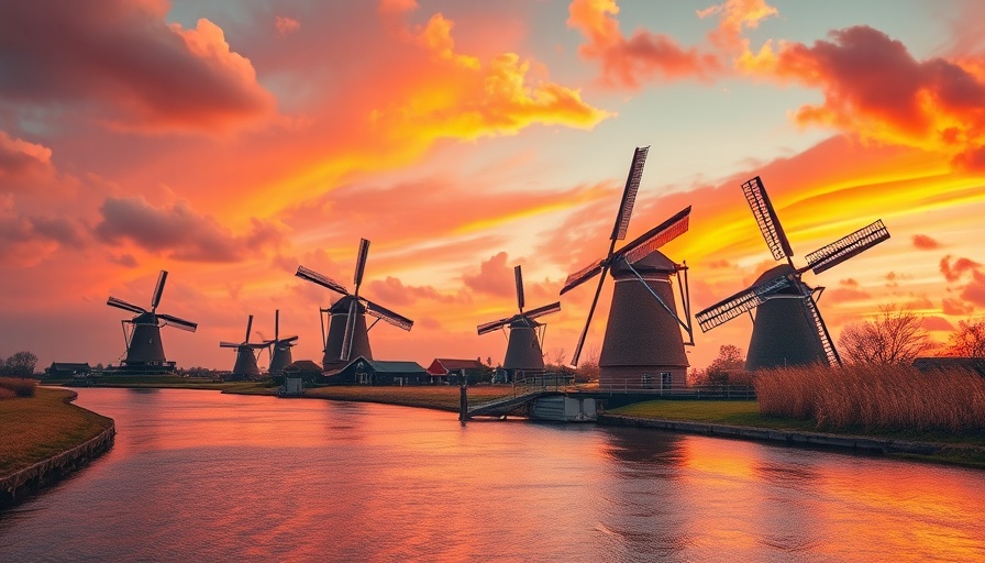 Vibrant Dutch landscape with surreal neon windmills and sky.