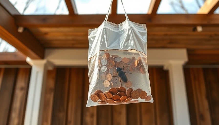 Penny fly repellent bag hanging under a porch in daylight.