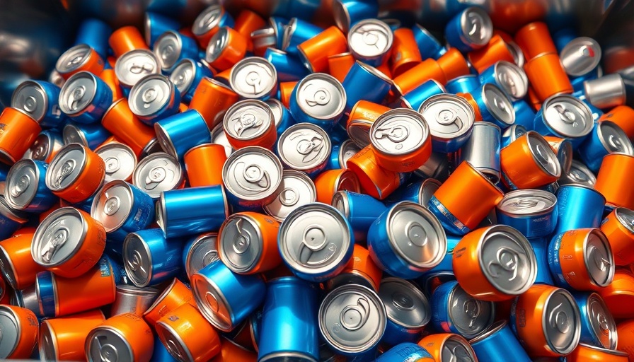 Close-up of crushed aluminum cans in blue and orange for recycling.