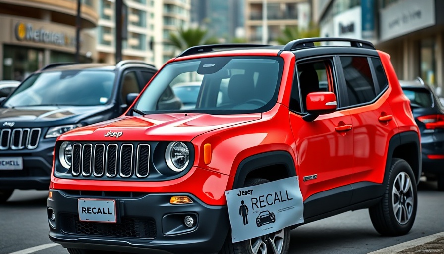 Jeep Renegade recall notice on red vehicle in urban setting.