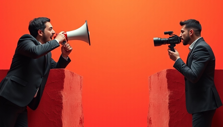 Business people shouting across a symbolic content gap against an orange background.