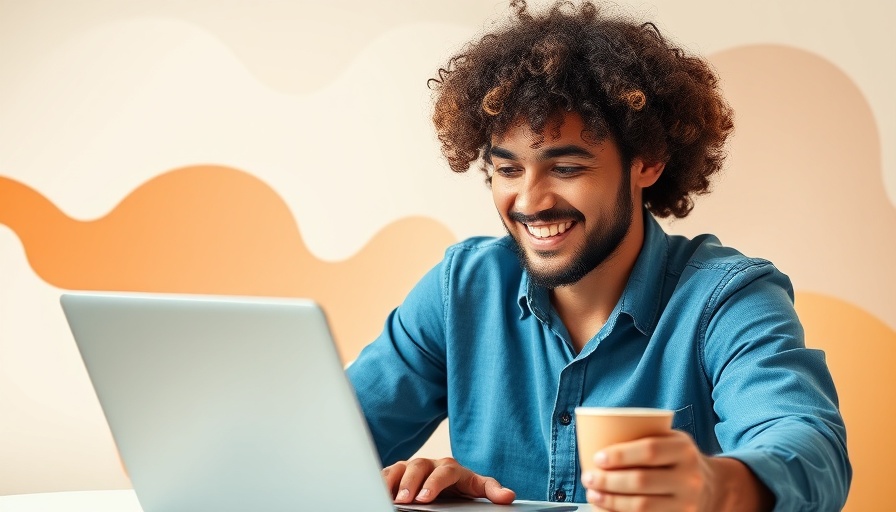 Content Optimization: man in blue shirt working on laptop, stylized design.