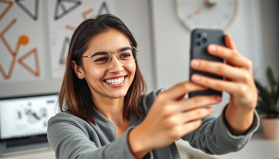 Smiling woman recording video in a modern digital workspace for video marketing.