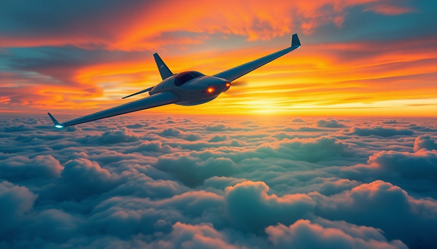 Modern electric aircraft flying through a vibrant sunset sky