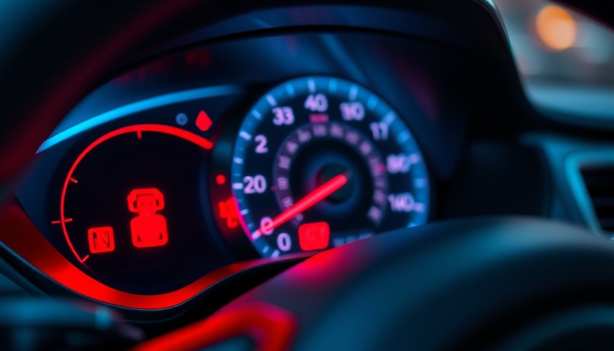 Car dashboard showing seat belt warning light, close-up view.