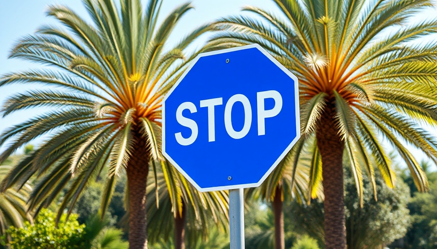 Blue stop sign in sunny park with palm tree and greenery.