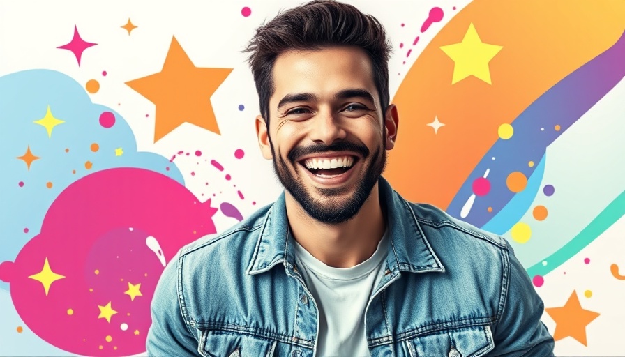 Smiling man in denim jacket with colorful graphic background, storytelling marketing.