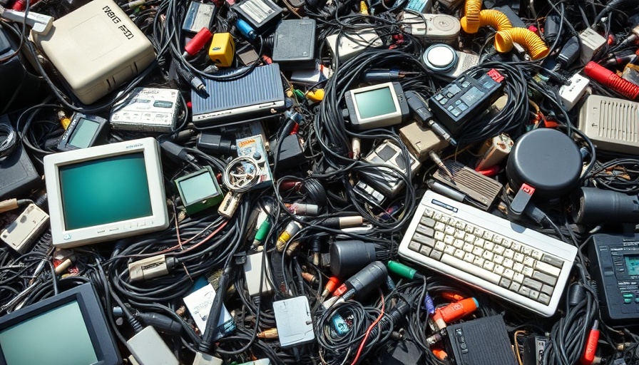 Assorted pile of e-waste electronics showing global issue.