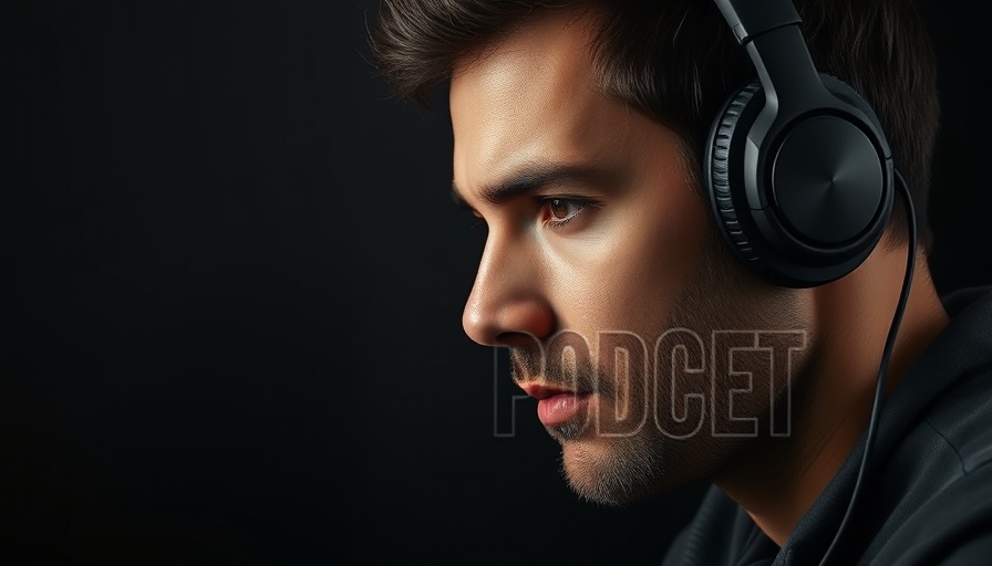 Man contemplating personal growth in podcast setting, dark theme.