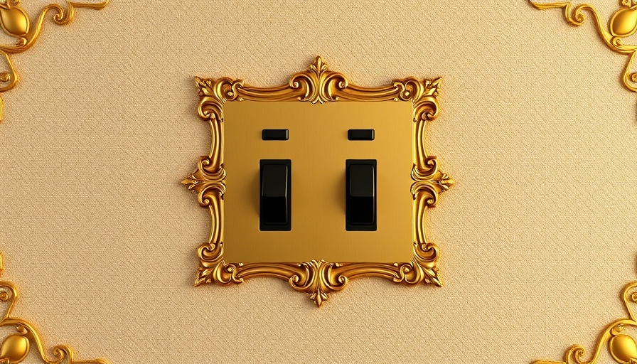 Elegant gold switch cover on beige wall with black switches