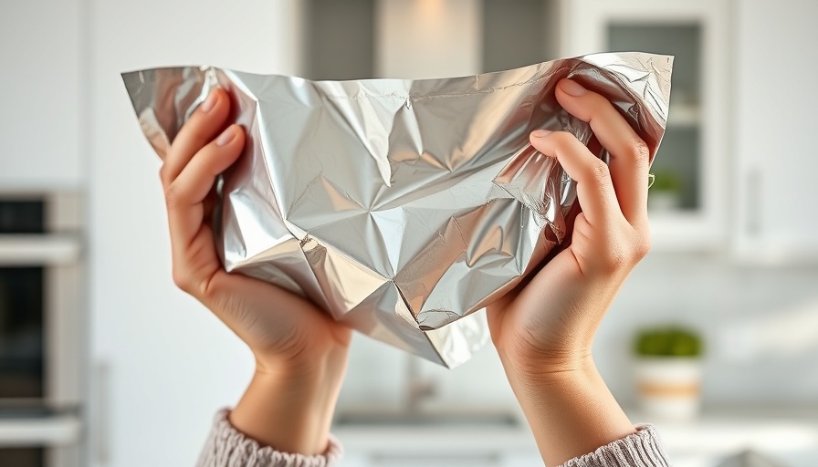 Hands holding aluminum foil roll in kitchen, shiny surface detail.