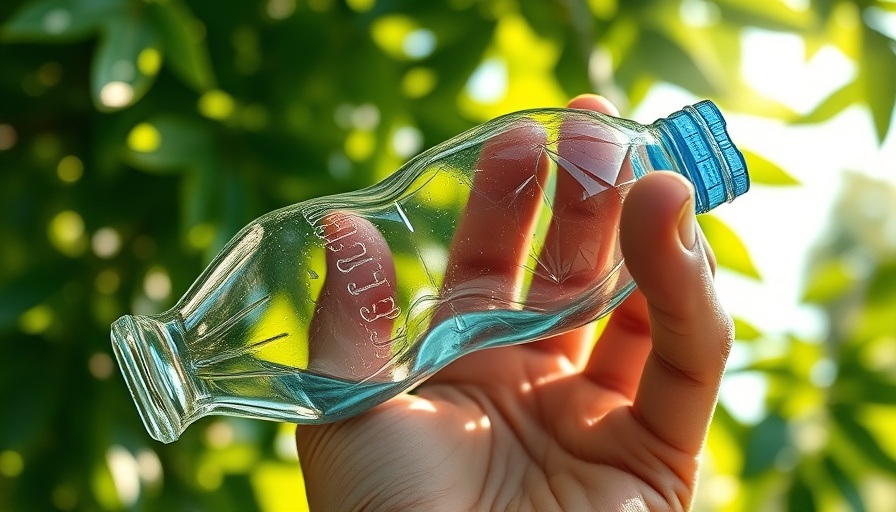 Hand recycling a plastic bottle outdoors, green background.