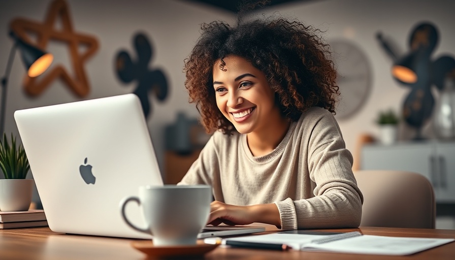 Young woman working on a laptop with abstract background representing soft skills.