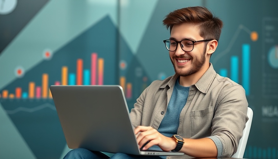 Young man performing a content audit with laptop.