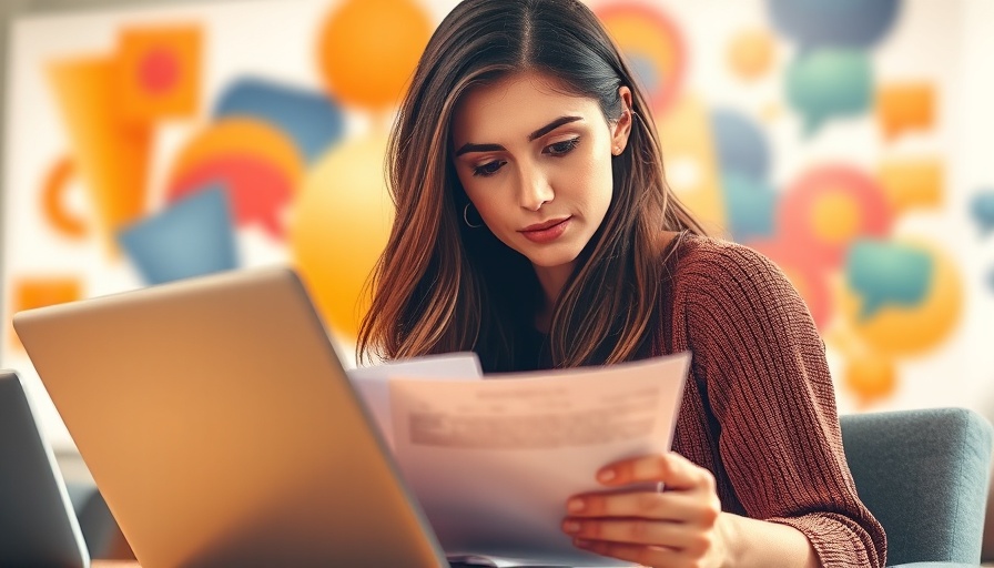 Woman using laptop for content monitoring with abstract background.
