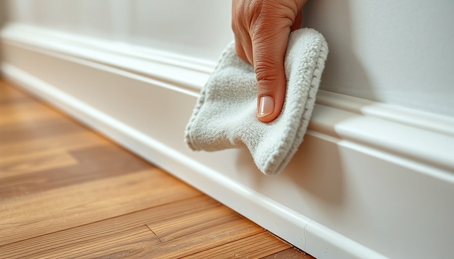 Baseboard cleaning close-up with a hand and cloth.