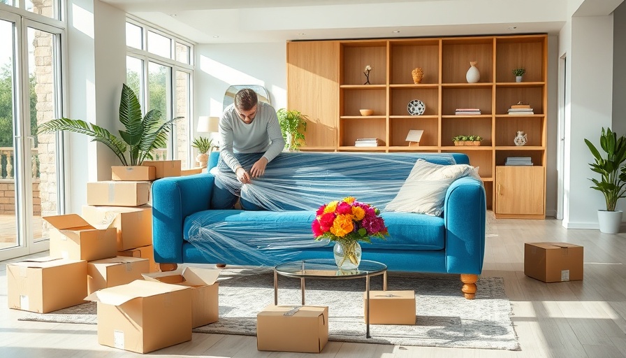 Couple practicing furniture moving tips by wrapping sofa