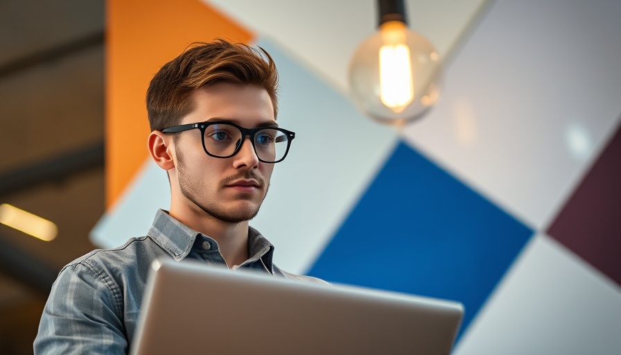 Young professional with laptop, vibrant background, marketing strategies