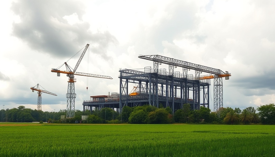 Green Steel site with cranes in lush field under cloudy sky.