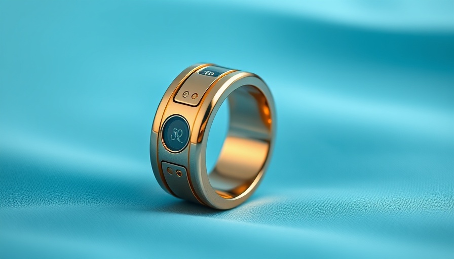 Elegant golden smart ring on blue fabric, futuristic design.