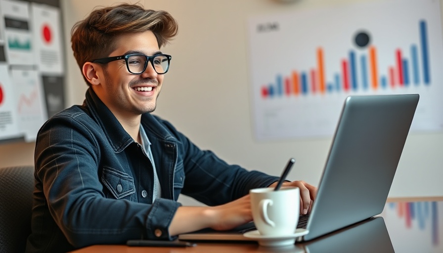 Cornerstone content creator working at a laptop, modern design.