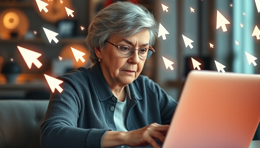 Older woman using laptop in AI digital marketing.