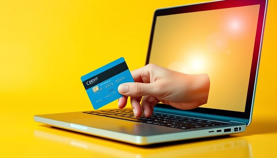 Creative email marketing visual with hand holding credit card from laptop.