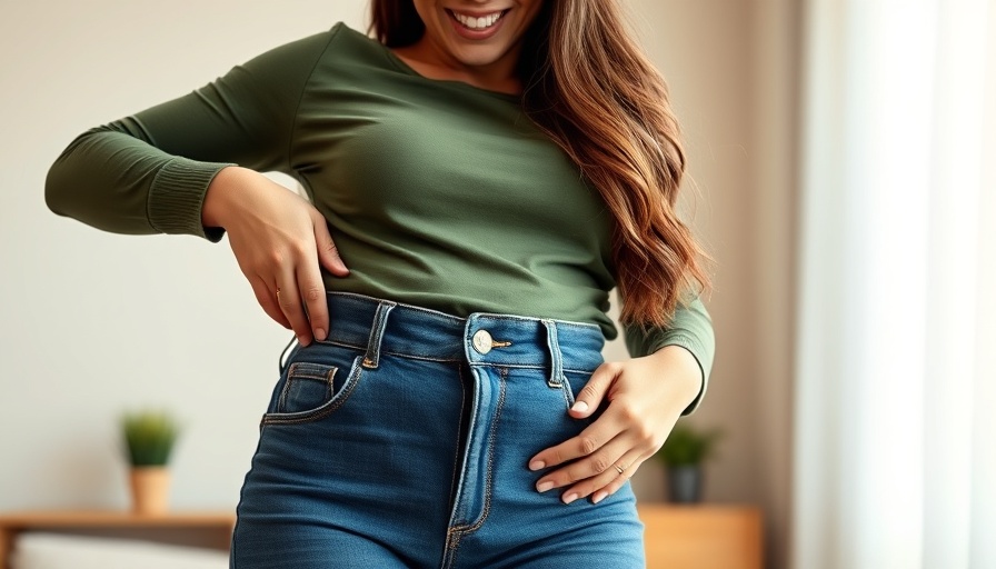 Woman showcasing weight loss progress with loose jeans, Verdvia Bio logo.