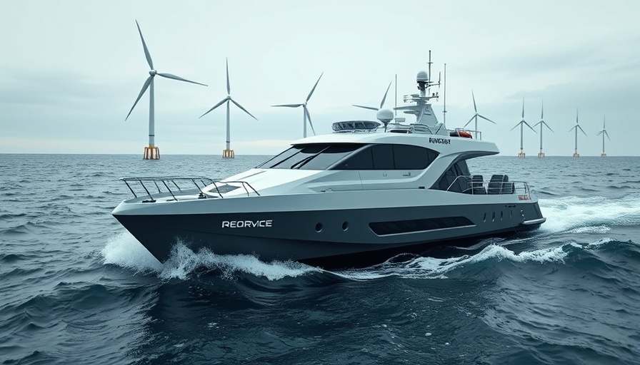 Modern autonomous survey vessel near ocean wind turbines.