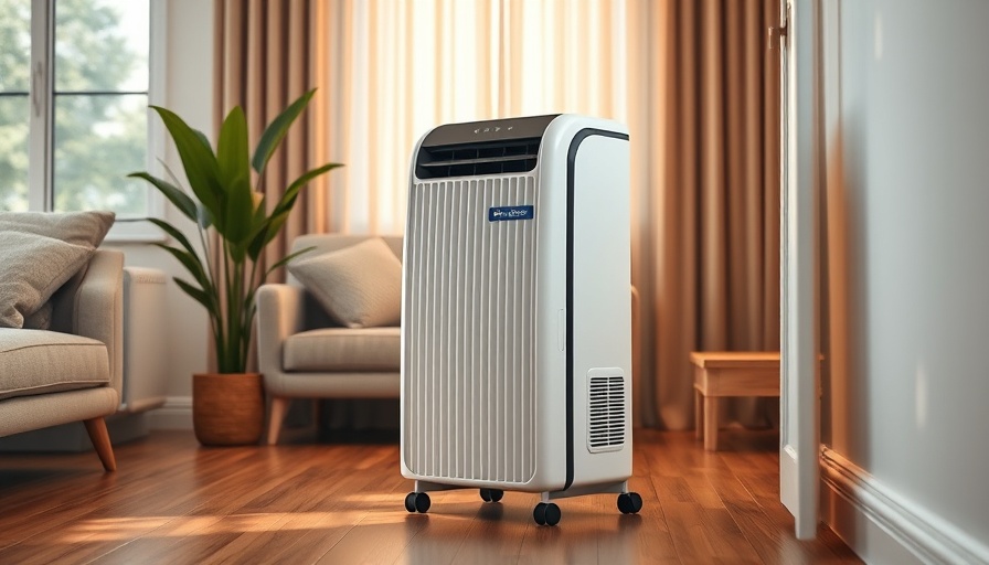 Portable heat pump in cozy living room with warm lighting