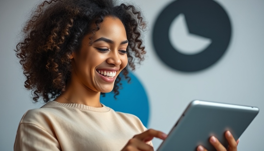 Cheerful woman engaging with content management digital technology