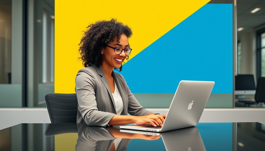 Cheerful businesswoman working on laptop, B2B marketing concept