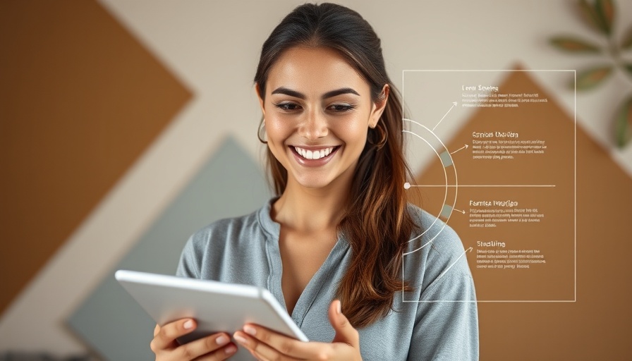 Young woman smiling at tablet with WBS infographic overlay.