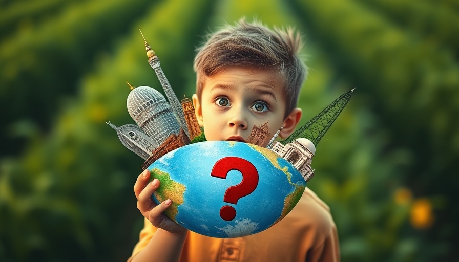 Child and globe with landmarks, climate action concept.